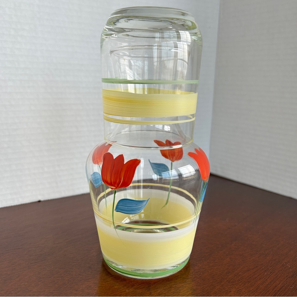 Bedside Tumble Up Water Carafe and Drinking Glass Flowers Handpainted